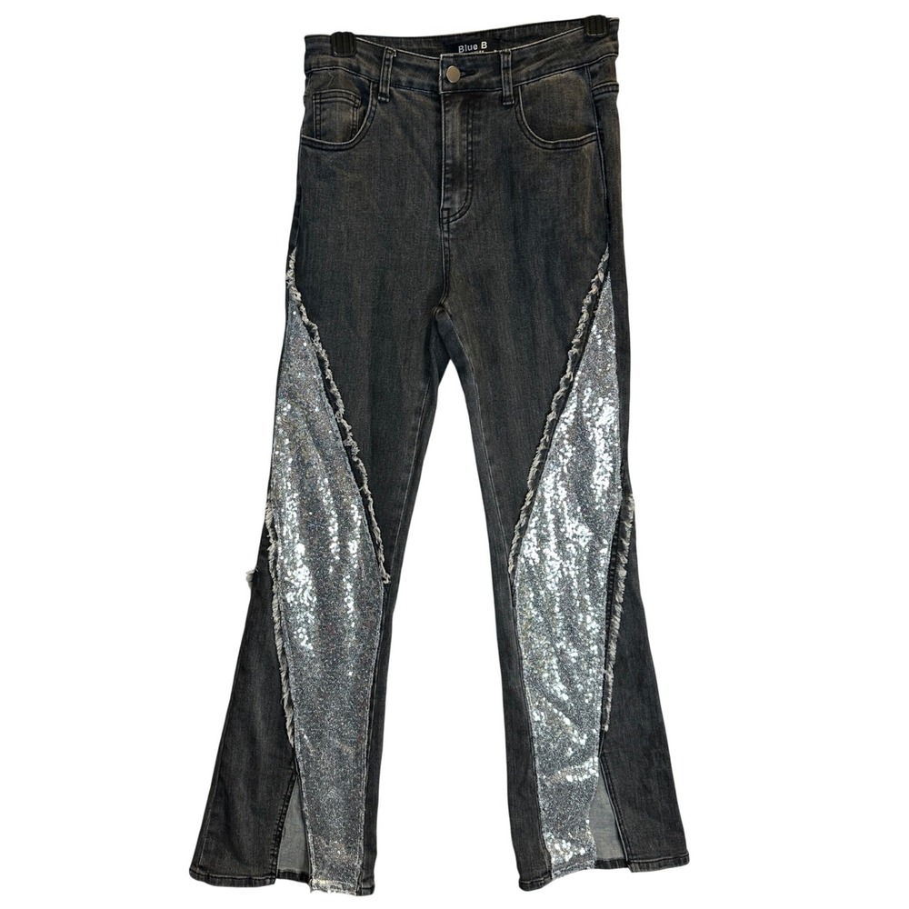 Blue B Collection Sequin Flare Jeans Black Wash Distressed High Rise Size M